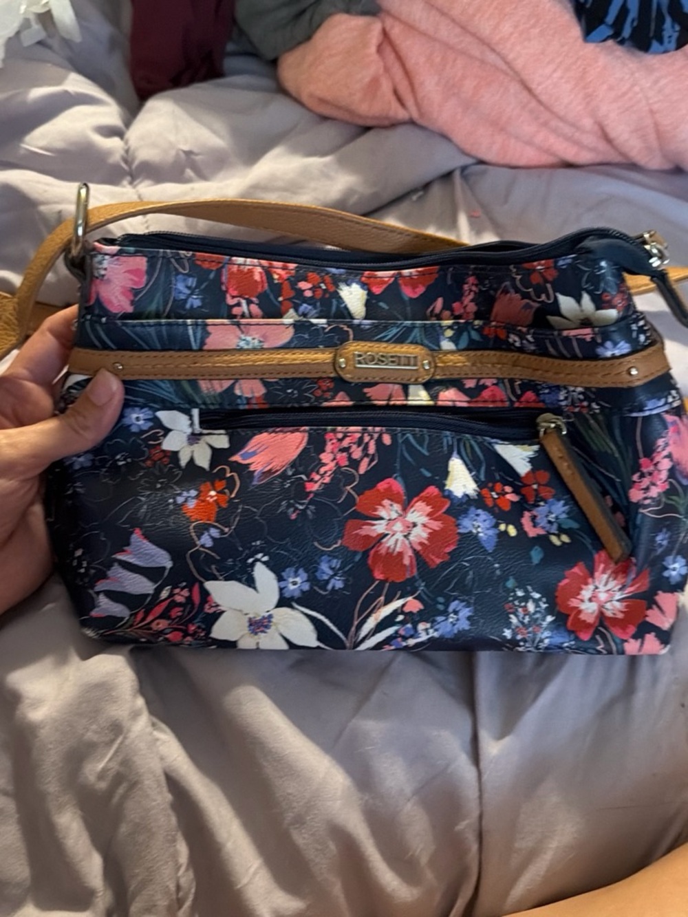 Rossetti Navy Floral Crossbody with Tan Trim